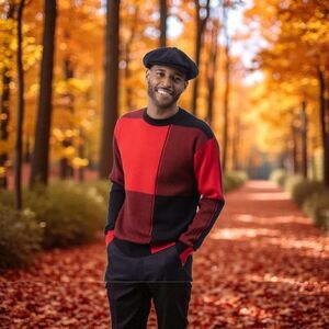 MONTIQUE MENS REGULAR FIT BLACK/RED COLOR BLOCK KNIT SWEATER. SW101.